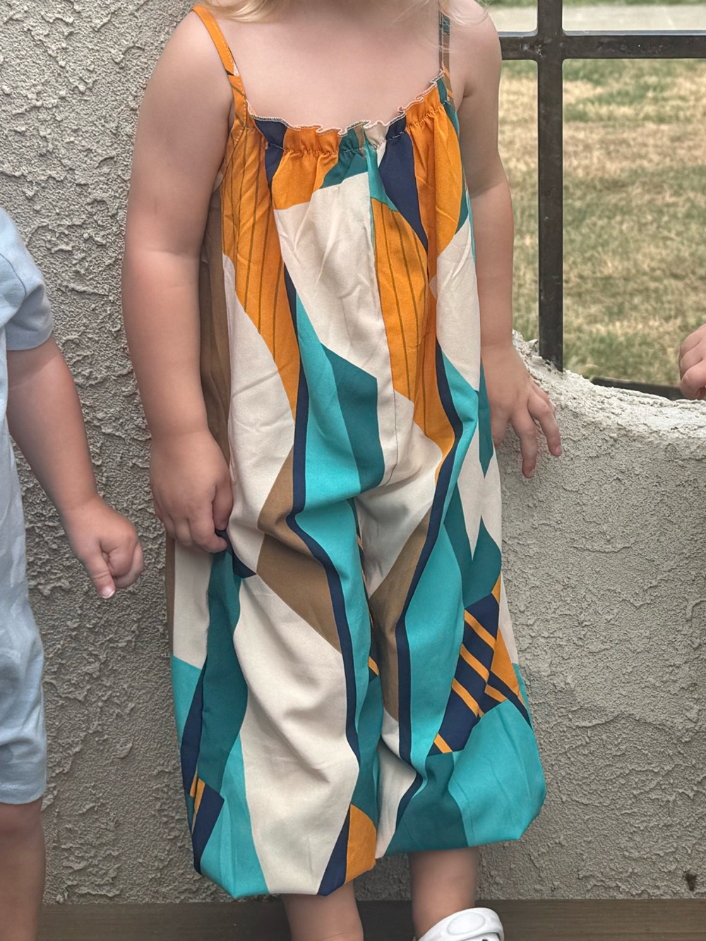 SHEIN Teal, Mustard & Cream Geometric Girls Jumpsuit